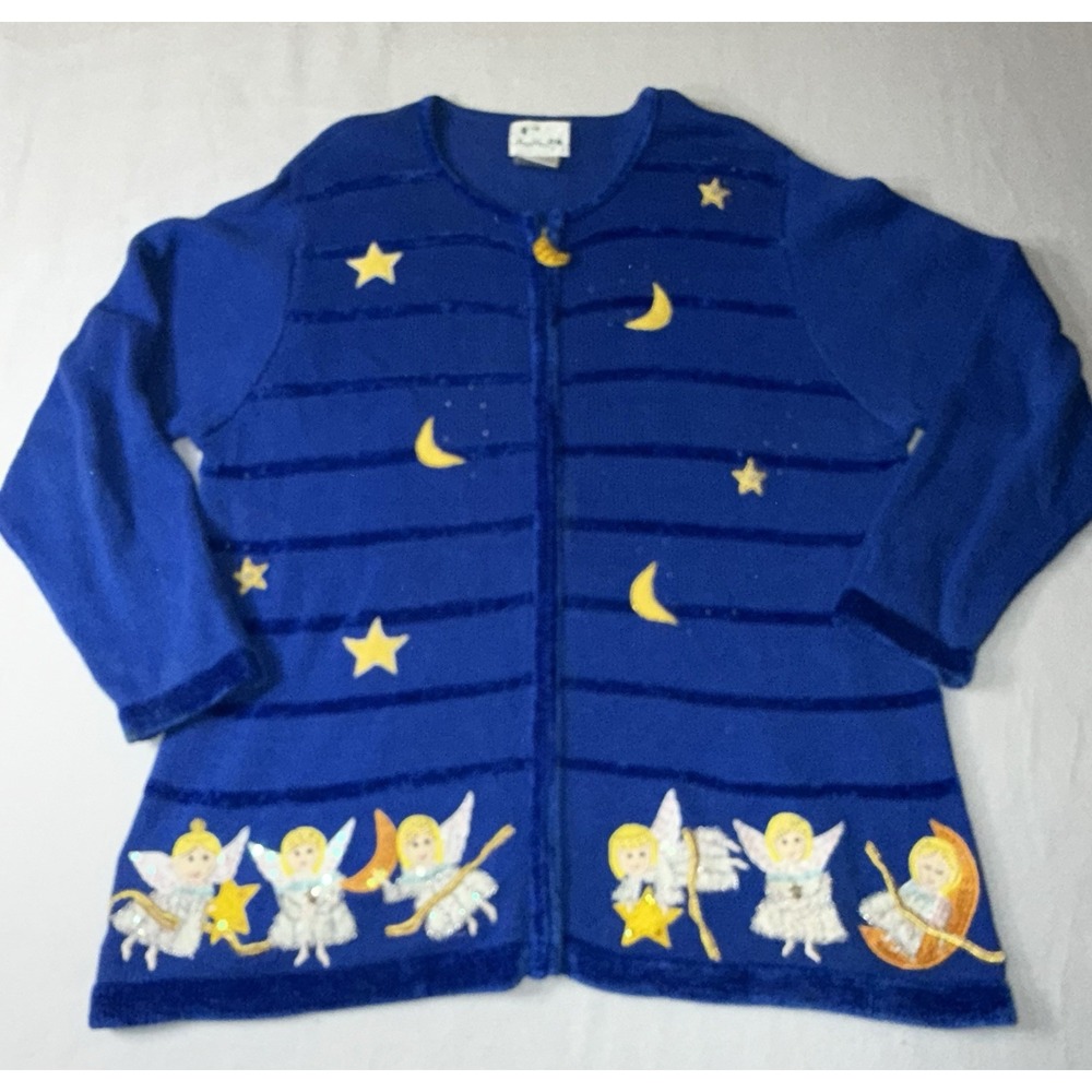 Quacker Factory Blue Angel Moon‎ Star Full Zip Cardigan Sweater Size 1X Vintage